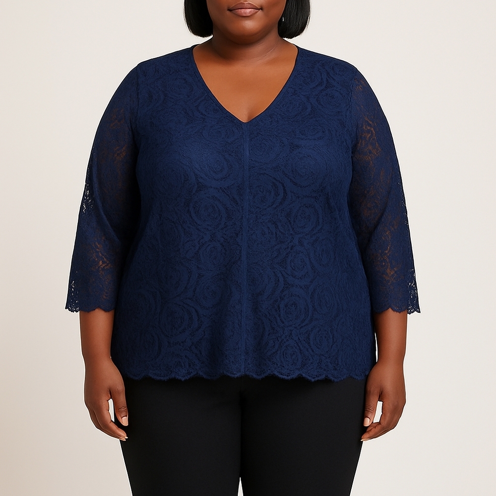 Chic Navy Lace V-Neck Blouse